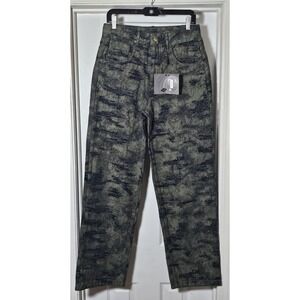 Derschutze Baggy Denim Pants Size 28 NYC To RiO Jacquard Khaki Embroidered Camo